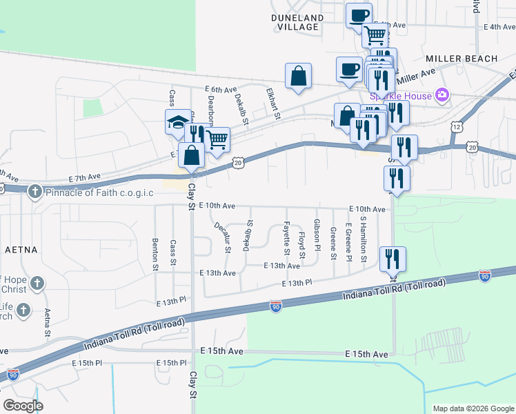 map of restaurants, bars, coffee shops, grocery stores, and more near 5233 East 10th Avenue in Gary
