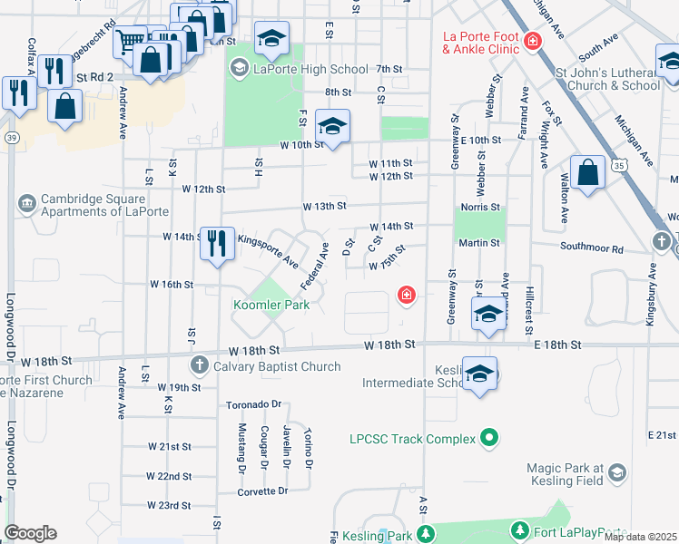 map of restaurants, bars, coffee shops, grocery stores, and more near 556 Circle Drive in La Porte