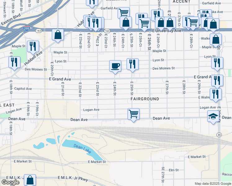 map of restaurants, bars, coffee shops, grocery stores, and more near 2348 East Walnut Street in Des Moines
