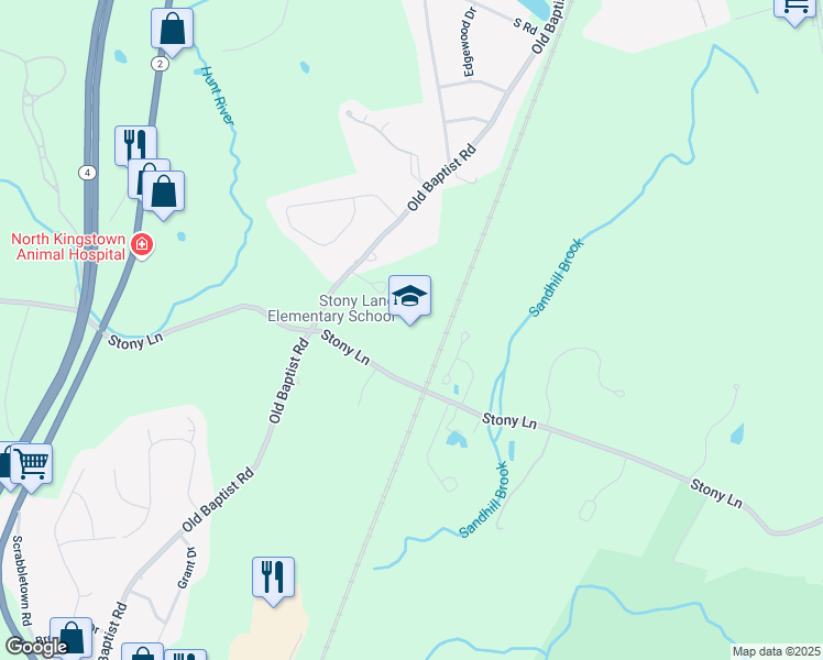 map of restaurants, bars, coffee shops, grocery stores, and more near 825 Stony Lane in North Kingstown