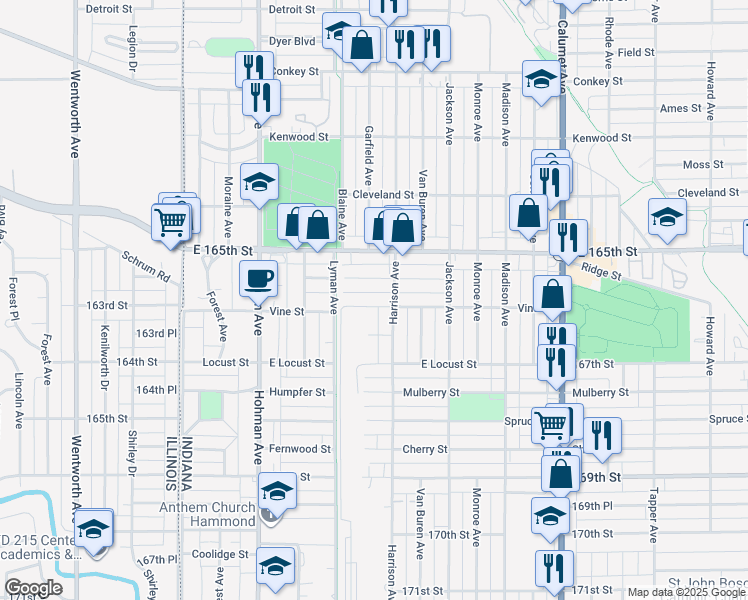 map of restaurants, bars, coffee shops, grocery stores, and more near 426 Vine Street in Hammond