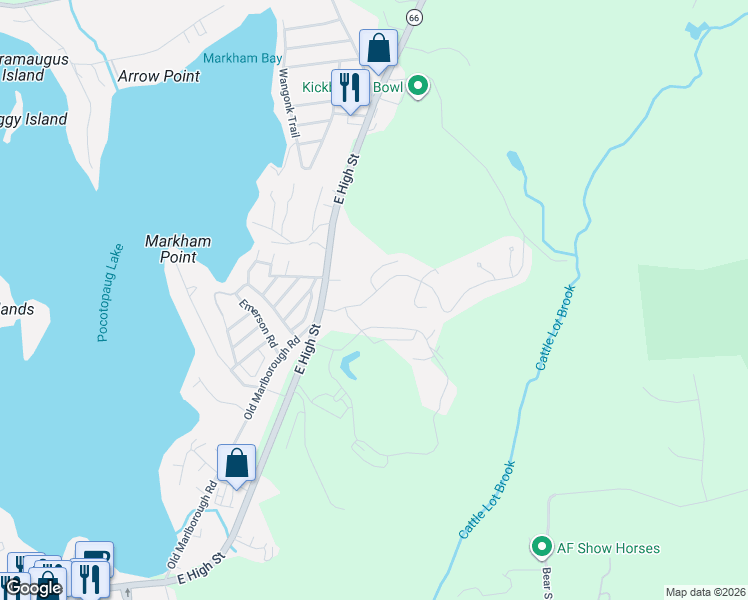map of restaurants, bars, coffee shops, grocery stores, and more near Edgewater Circle in East Hampton