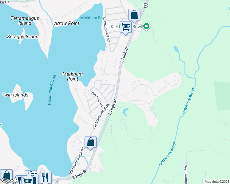 map of restaurants, bars, coffee shops, grocery stores, and more near 28 Tennyson Road in East Hampton