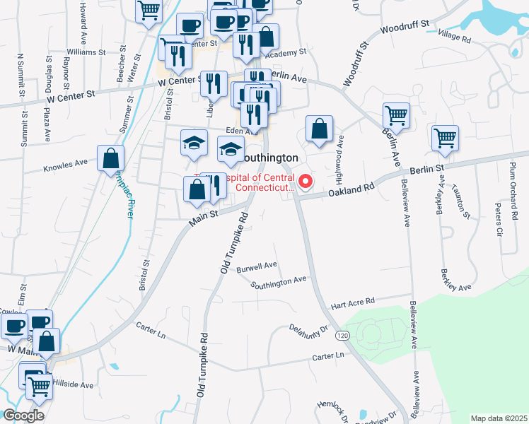 map of restaurants, bars, coffee shops, grocery stores, and more near 25 Old Turnpike Road in Southington