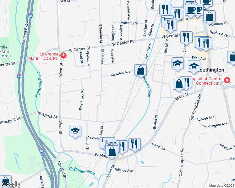 map of restaurants, bars, coffee shops, grocery stores, and more near 189 Summit Street in Southington