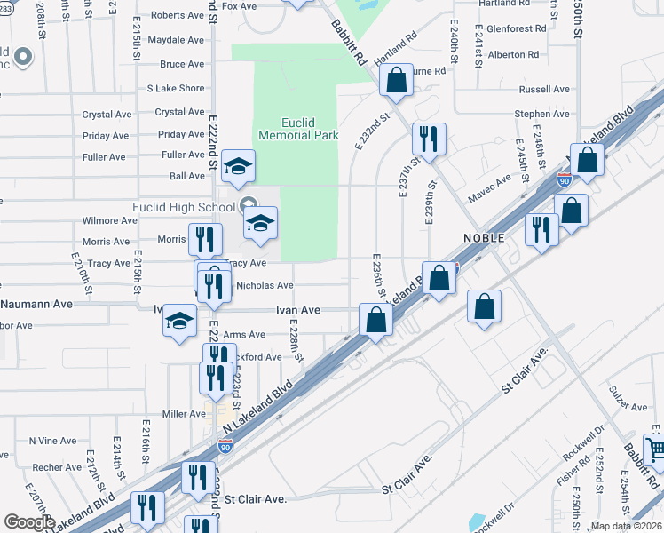 map of restaurants, bars, coffee shops, grocery stores, and more near 894 East 232nd Street in Euclid
