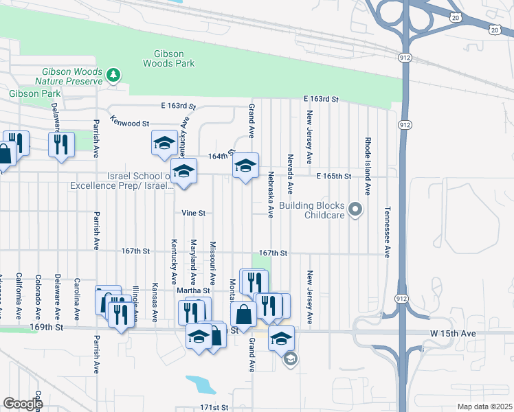 map of restaurants, bars, coffee shops, grocery stores, and more near 6602 Grand Avenue in Hammond