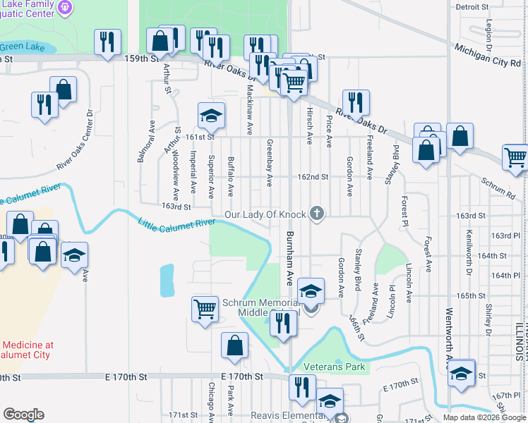 map of restaurants, bars, coffee shops, grocery stores, and more near 677 River Drive in Calumet City