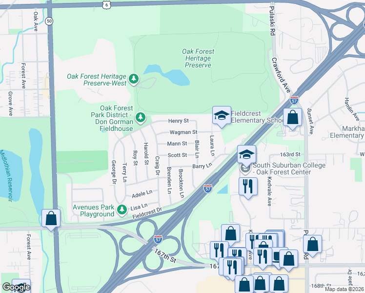 map of restaurants, bars, coffee shops, grocery stores, and more near 4324 Scott Street in Oak Forest