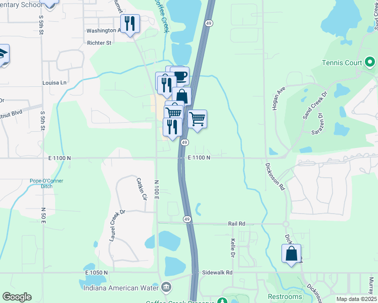 map of restaurants, bars, coffee shops, grocery stores, and more near 502 East 1100 North in Chesterton