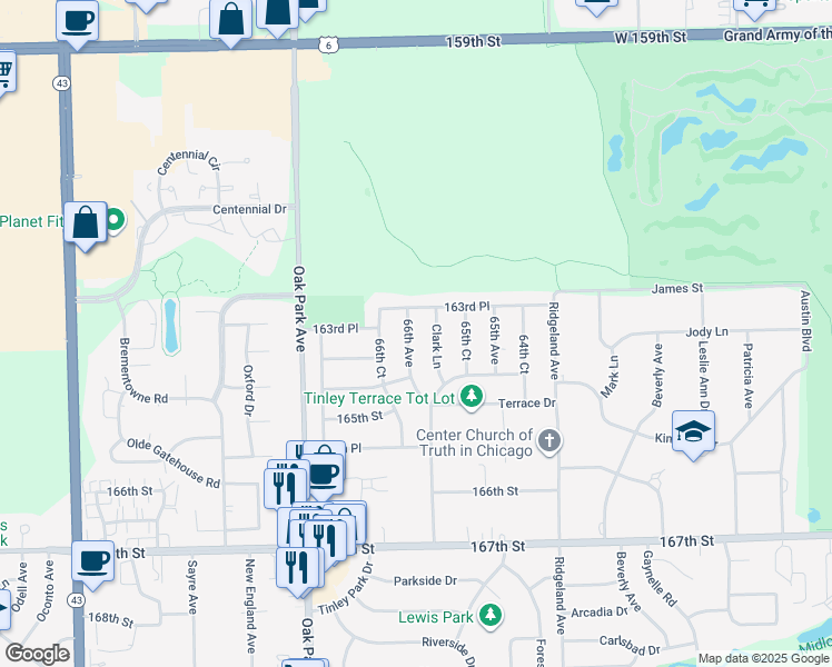map of restaurants, bars, coffee shops, grocery stores, and more near 16325 66th Avenue in Tinley Park