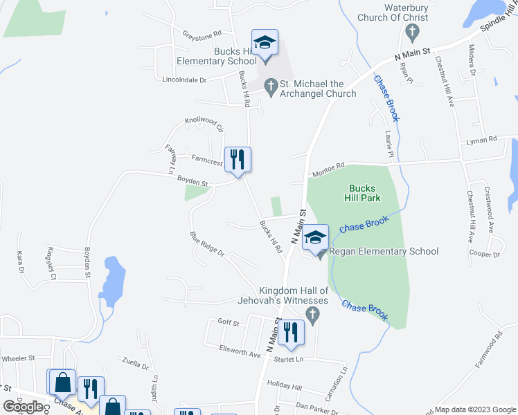 map of restaurants, bars, coffee shops, grocery stores, and more near 114 Bucks Hill Road in Waterbury