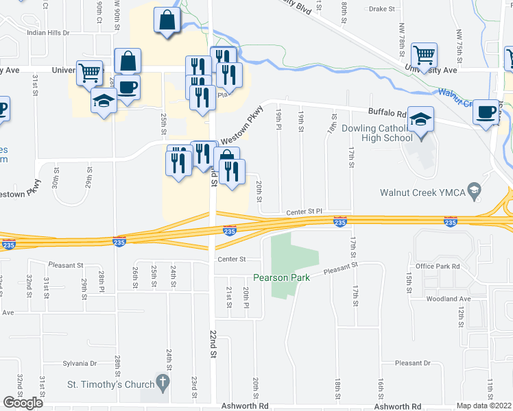 map of restaurants, bars, coffee shops, grocery stores, and more near 1410 Center Street Place in West Des Moines