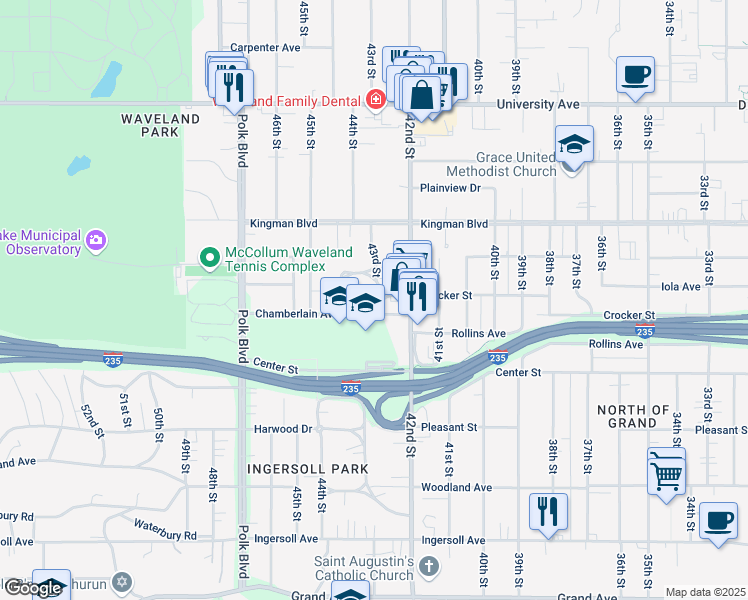 map of restaurants, bars, coffee shops, grocery stores, and more near 910 43rd Street in Des Moines