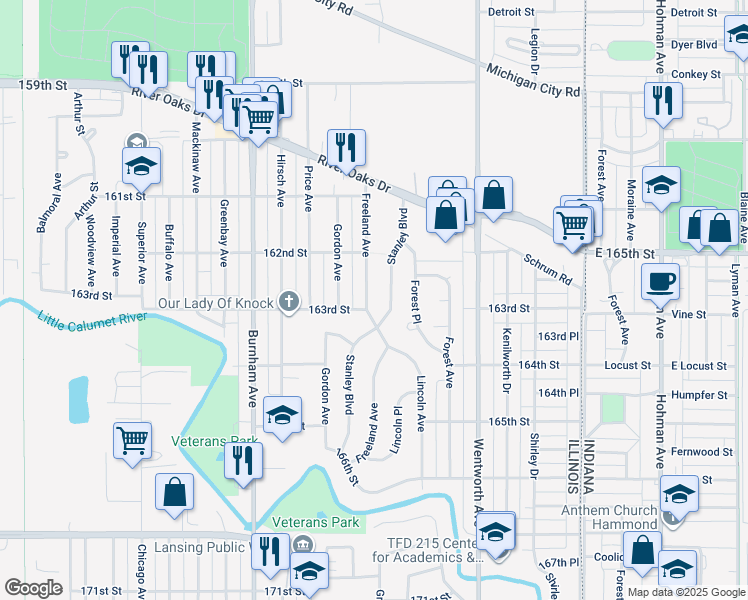 map of restaurants, bars, coffee shops, grocery stores, and more near 1410 Stanley Boulevard in Calumet City