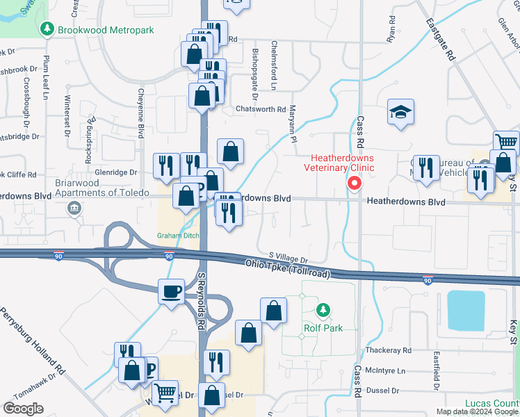 map of restaurants, bars, coffee shops, grocery stores, and more near 2548 West Village Drive in Toledo