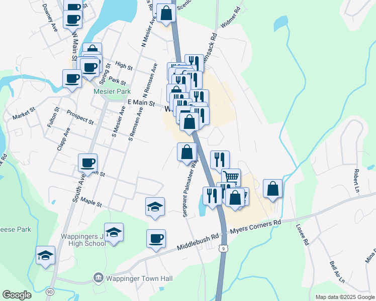 map of restaurants, bars, coffee shops, grocery stores, and more near 2 Stuart Avenue in Wappingers Falls