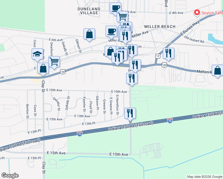 map of restaurants, bars, coffee shops, grocery stores, and more near 1020 South Hamilton Street in Gary