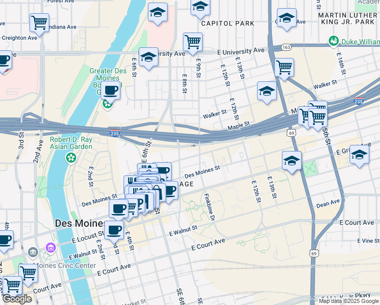 map of restaurants, bars, coffee shops, grocery stores, and more near 809 Lyon Street in Des Moines
