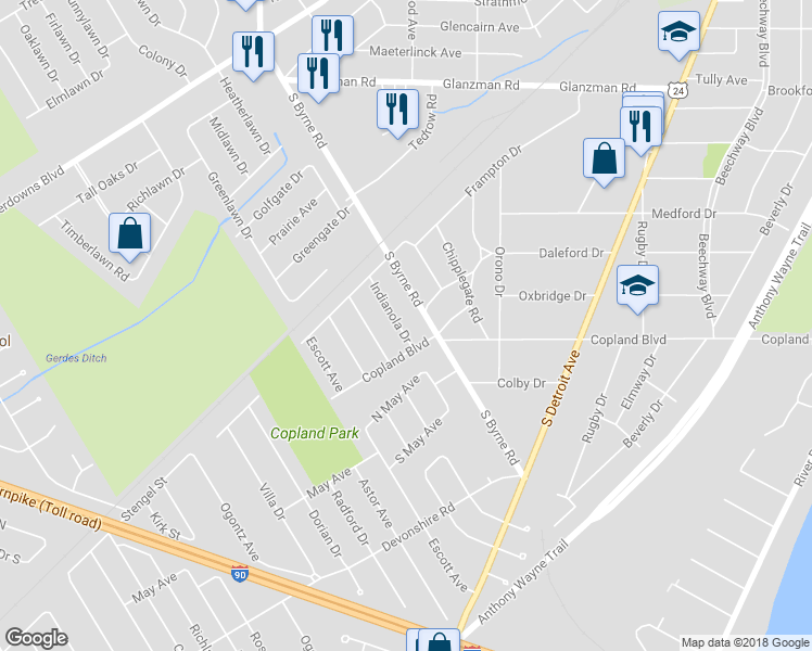 map of restaurants, bars, coffee shops, grocery stores, and more near 2963 Indianola Drive in Toledo