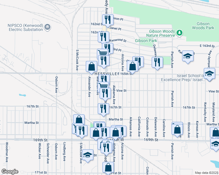 map of restaurants, bars, coffee shops, grocery stores, and more near 6604 Alabama Avenue in Hammond