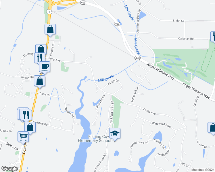 map of restaurants, bars, coffee shops, grocery stores, and more near 311-399 Camp Avenue in North Kingstown