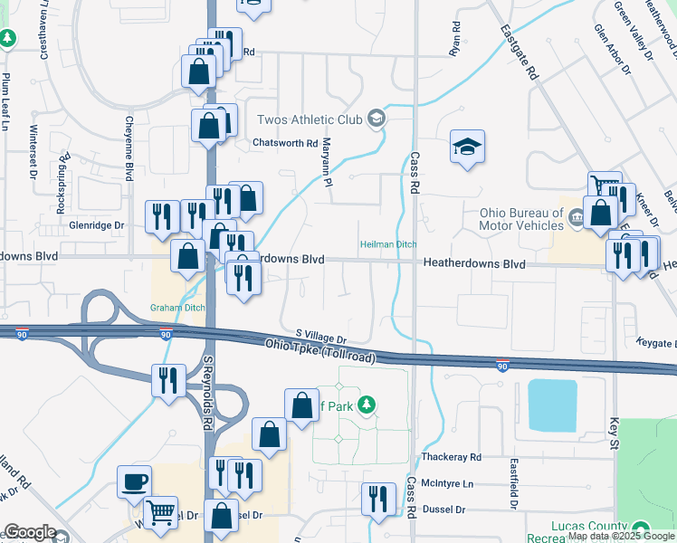 map of restaurants, bars, coffee shops, grocery stores, and more near 4923 Heatherdowns Boulevard in Toledo