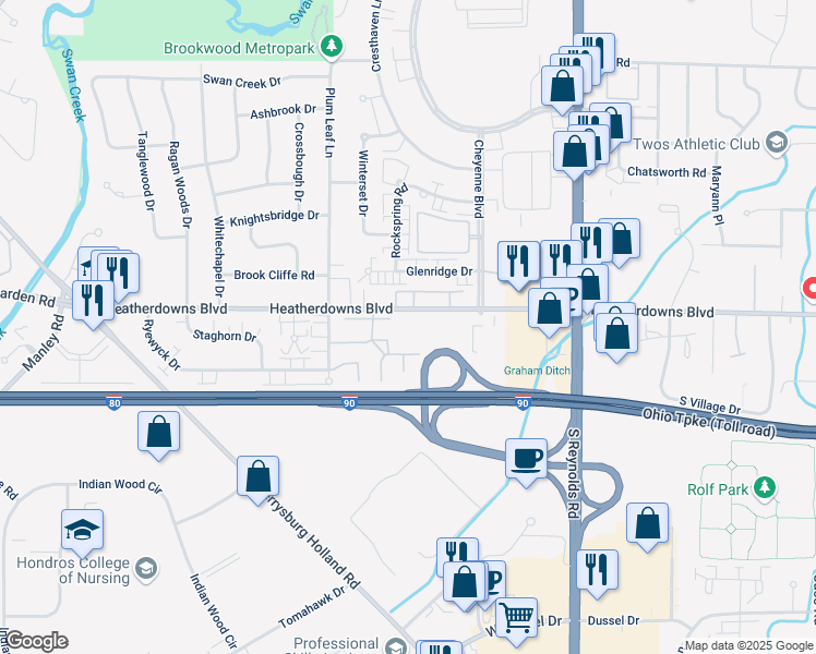 map of restaurants, bars, coffee shops, grocery stores, and more near 2601 Briar Lane in Toledo