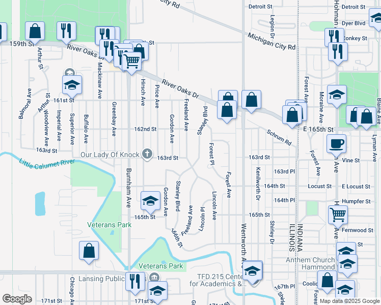 map of restaurants, bars, coffee shops, grocery stores, and more near 1410 Stanley Boulevard in Calumet City