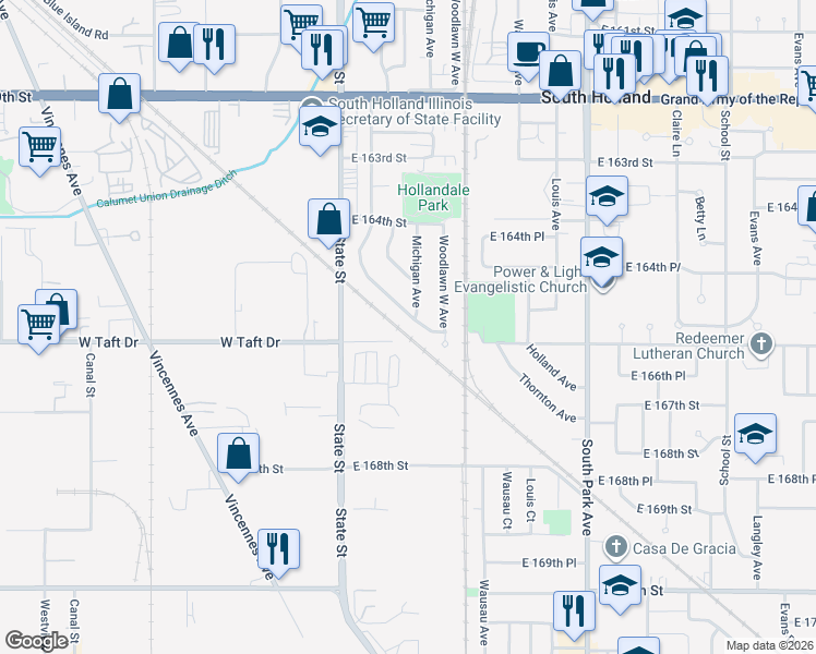 map of restaurants, bars, coffee shops, grocery stores, and more near 80 West Taft Drive in South Holland