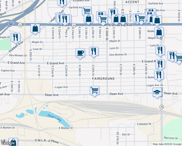 map of restaurants, bars, coffee shops, grocery stores, and more near 2424 East Walnut Street in Des Moines