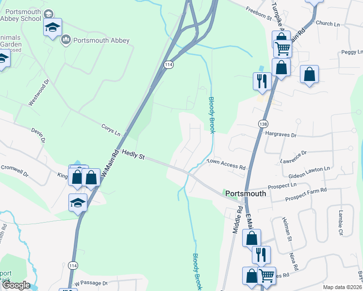 map of restaurants, bars, coffee shops, grocery stores, and more near 40 Long Meadow Road in Portsmouth