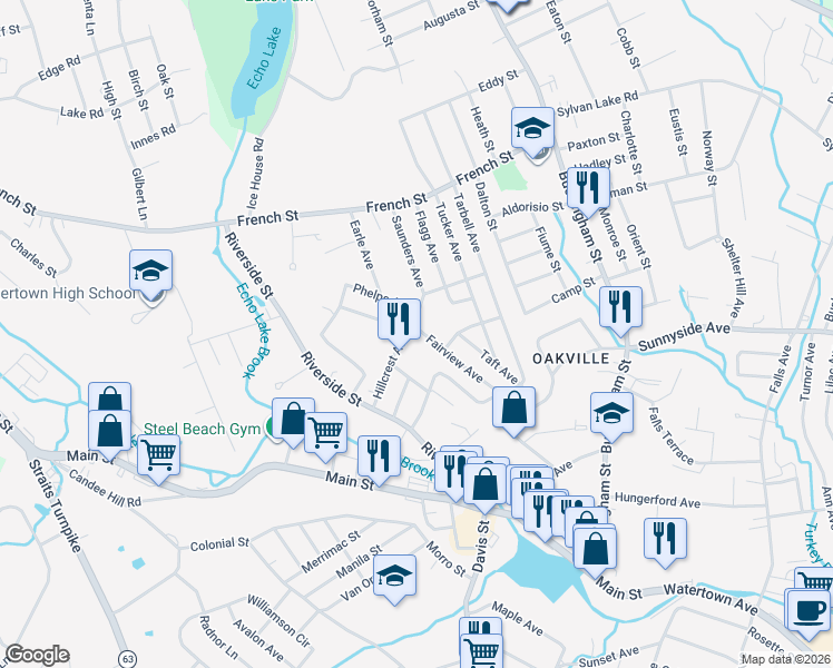 map of restaurants, bars, coffee shops, grocery stores, and more near 60 Hillcrest Avenue in Watertown