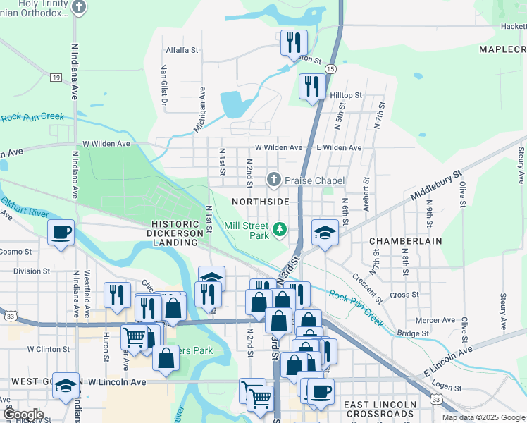map of restaurants, bars, coffee shops, grocery stores, and more near 601 North 2nd Street in Goshen