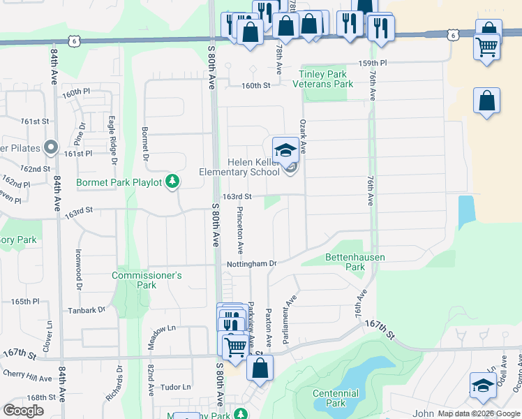 map of restaurants, bars, coffee shops, grocery stores, and more near 16342 Paxton Avenue in Tinley Park