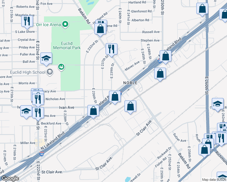 map of restaurants, bars, coffee shops, grocery stores, and more near 957 East 239th Street in Euclid