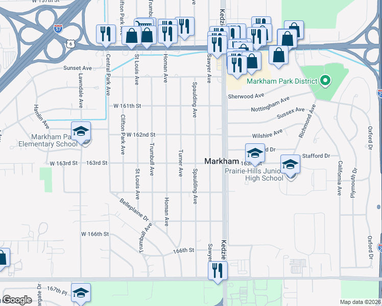 map of restaurants, bars, coffee shops, grocery stores, and more near 16305 163rd Street in Markham