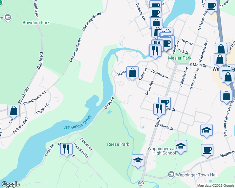 map of restaurants, bars, coffee shops, grocery stores, and more near 118 Market Street in Wappingers Falls