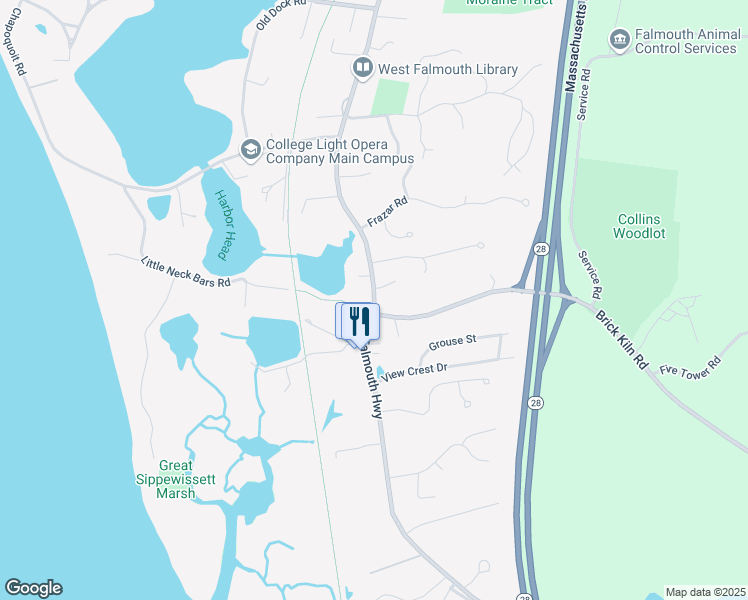 map of restaurants, bars, coffee shops, grocery stores, and more near West Falmouth Highway in Falmouth