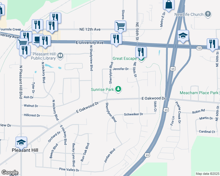 map of restaurants, bars, coffee shops, grocery stores, and more near 423 Sherrylynn Boulevard in Pleasant Hill