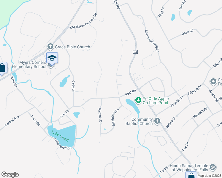 map of restaurants, bars, coffee shops, grocery stores, and more near 90 Kent Road in Wappingers Falls