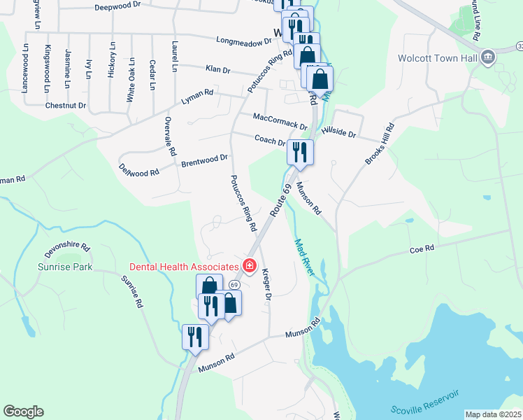 map of restaurants, bars, coffee shops, grocery stores, and more near 500 Wolcott Road in Wolcott
