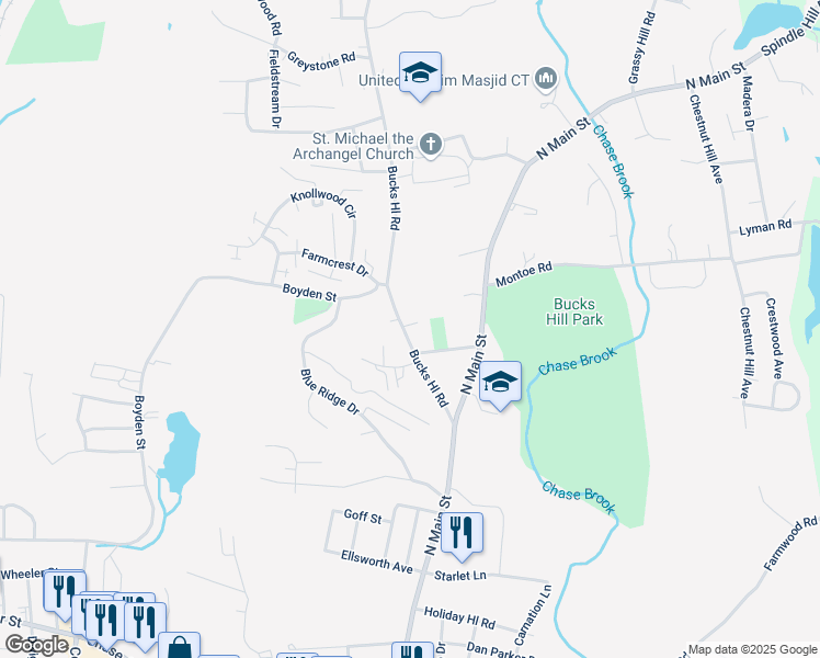map of restaurants, bars, coffee shops, grocery stores, and more near in Waterbury