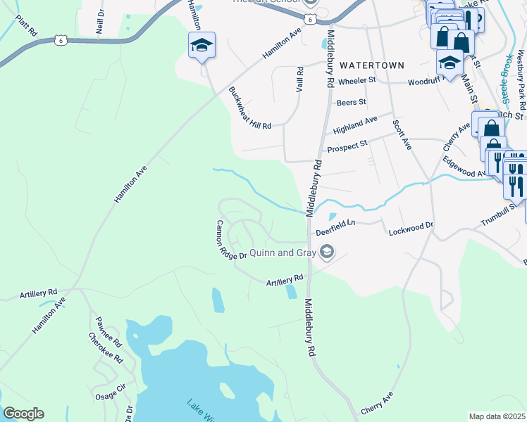 map of restaurants, bars, coffee shops, grocery stores, and more near 8 Cannon Ridge Drive in Watertown