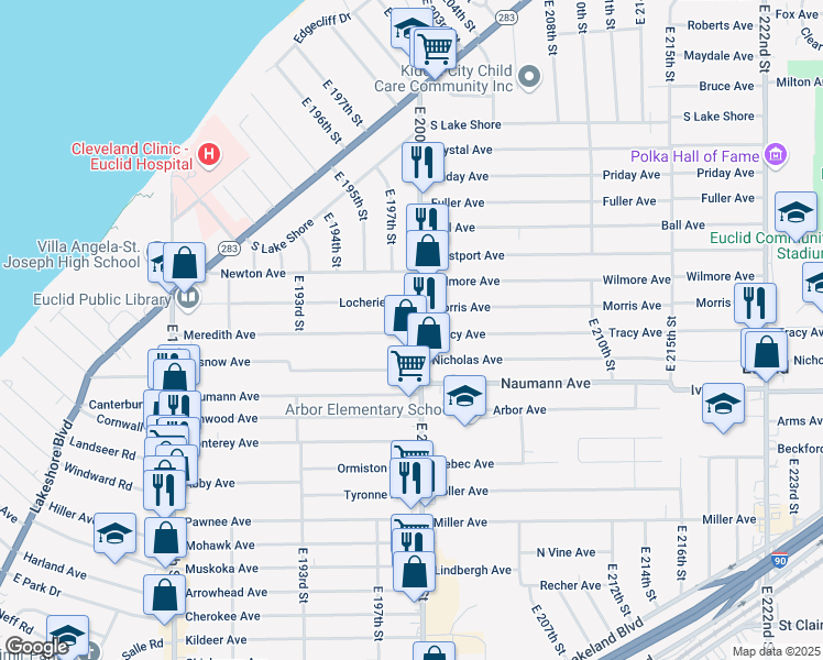 map of restaurants, bars, coffee shops, grocery stores, and more near 455 East 200th Street in Euclid