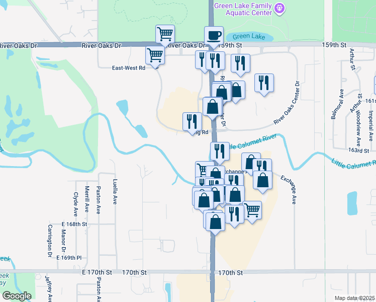 map of restaurants, bars, coffee shops, grocery stores, and more near 1455 Ring Road in Calumet City