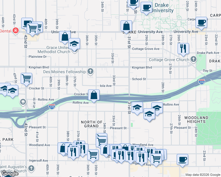map of restaurants, bars, coffee shops, grocery stores, and more near 901 33rd Street in Des Moines