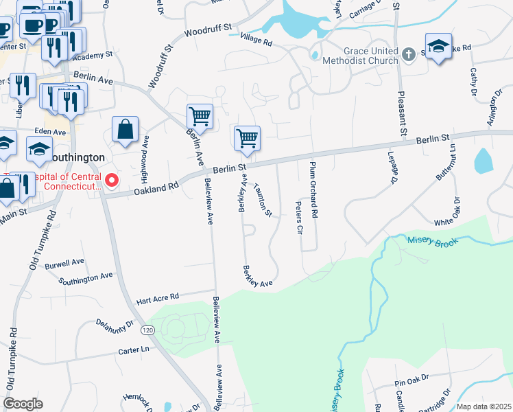 map of restaurants, bars, coffee shops, grocery stores, and more near 26 Berkley Avenue in Southington