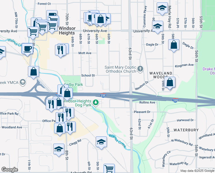 map of restaurants, bars, coffee shops, grocery stores, and more near 930 65th Street in Windsor Heights