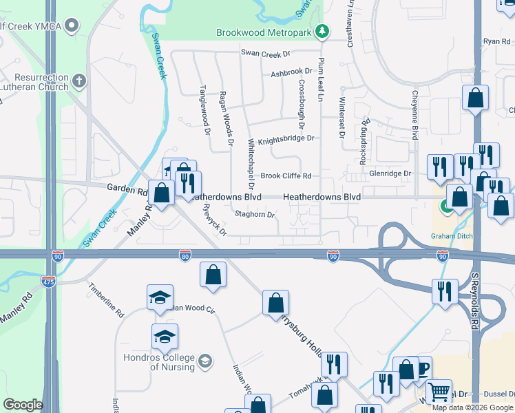 map of restaurants, bars, coffee shops, grocery stores, and more near 5841 Staghorn Drive in Toledo